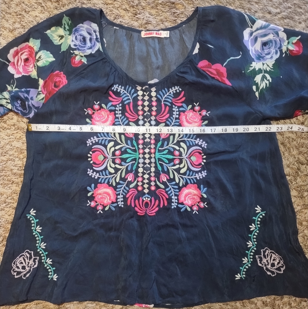Johnny Was Navy Embroidered Floral Tunic with Pink & Purple Accents - Picture 15 of 16